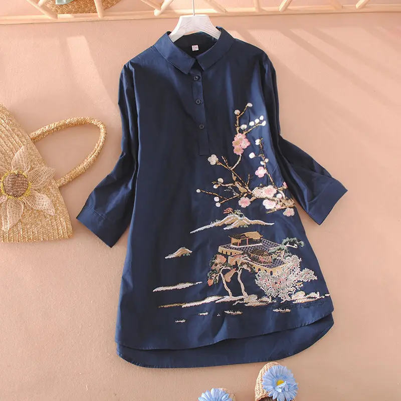 

Embroidered Flower Ethnic Style Mid-length Pullover POLO Collar Shirt for Women Spring and Autumn Three-quarter Sleeve Shirt
