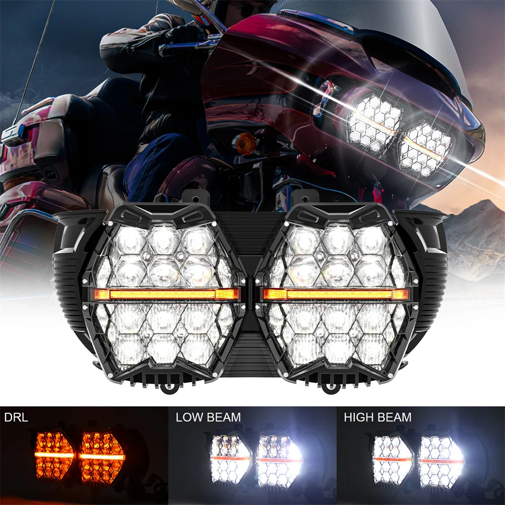 

Motorcycle Dual LED Headlights High Low Beam Amber DRL Daytime Running Light For Harley Touring Road Glide FLTR 2015-2023