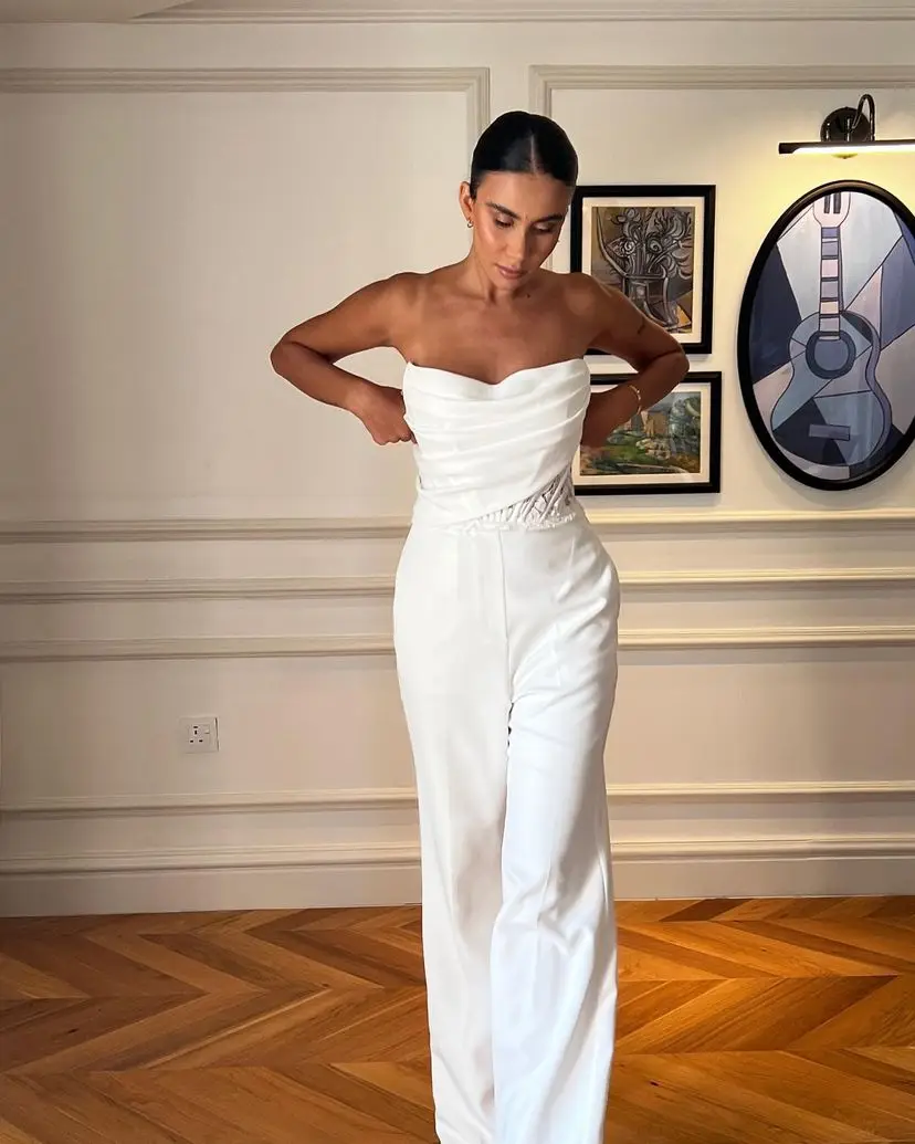 Lovestory Summer Ladies Wear Jumpsuits for Prom Party Ruched Strapless Zipper Evening Gowns Lace Detachable Train Bridal Dress