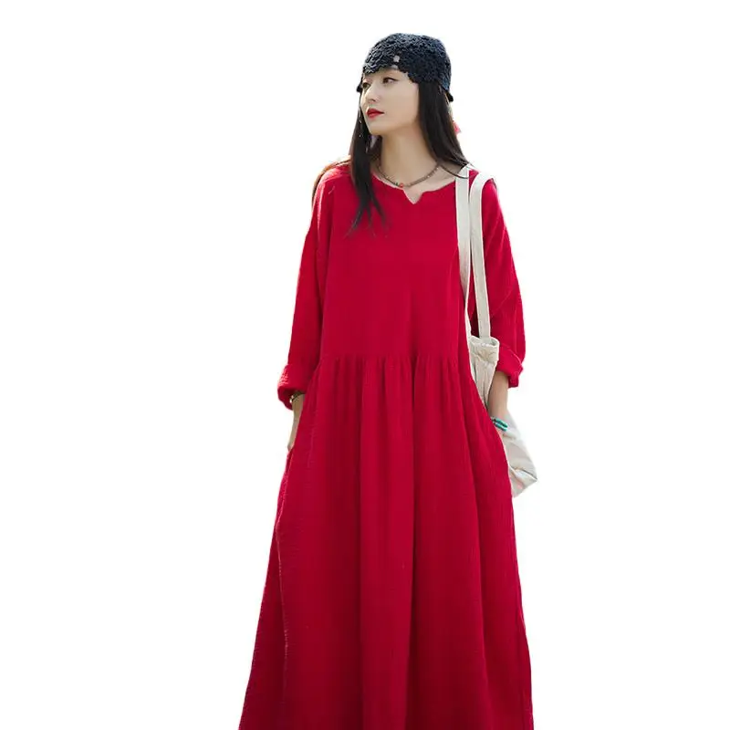 

Spring and Autunm women casual vinatge Dress Female Solid Cotton Linen long maxi Dresses Holiday Vestido Robe black white M-2XL