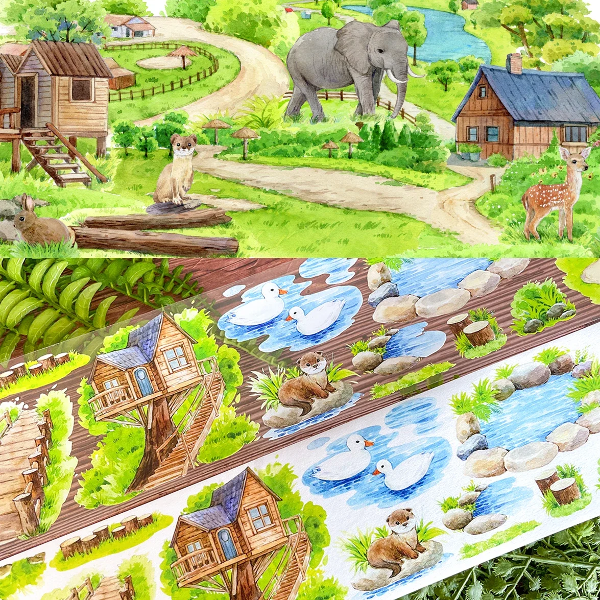 5.8 Cute Animals PET Washi Tape Landscaping in The Zoo Journal  Landscape House Tree Road Building Scene