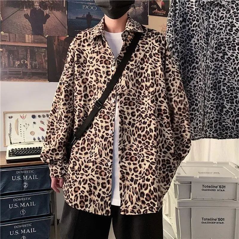 Y2K Chic Kpop Ins Vibe Leopard Men Blouse Shirt Oversize M-XXL Handsome Party Night Club Hippie Gothic Streetwear Animal Pattern