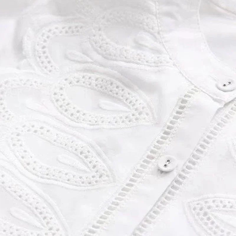 Spring Autumn Sweet Floral Embroidery Cotton Shirt Women Solid Color  Lace Stand Collar Long Sleeve Casual Looose Blouse Tops