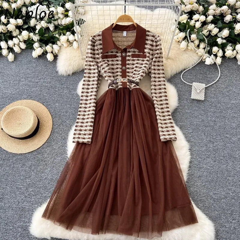 Neploe High End Fragrance Vintage Style Vestidos Femme 2024 Autumn Lapel Long Sleeve Plaid Splicing Waist Slim Mesh Puffy Dress