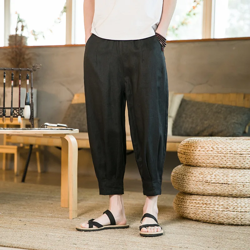 New Chinese Style Men's Cotton Linen Casual Pants Linen Oversized Radish Pants Men's Cropped Pants Loose Harlan