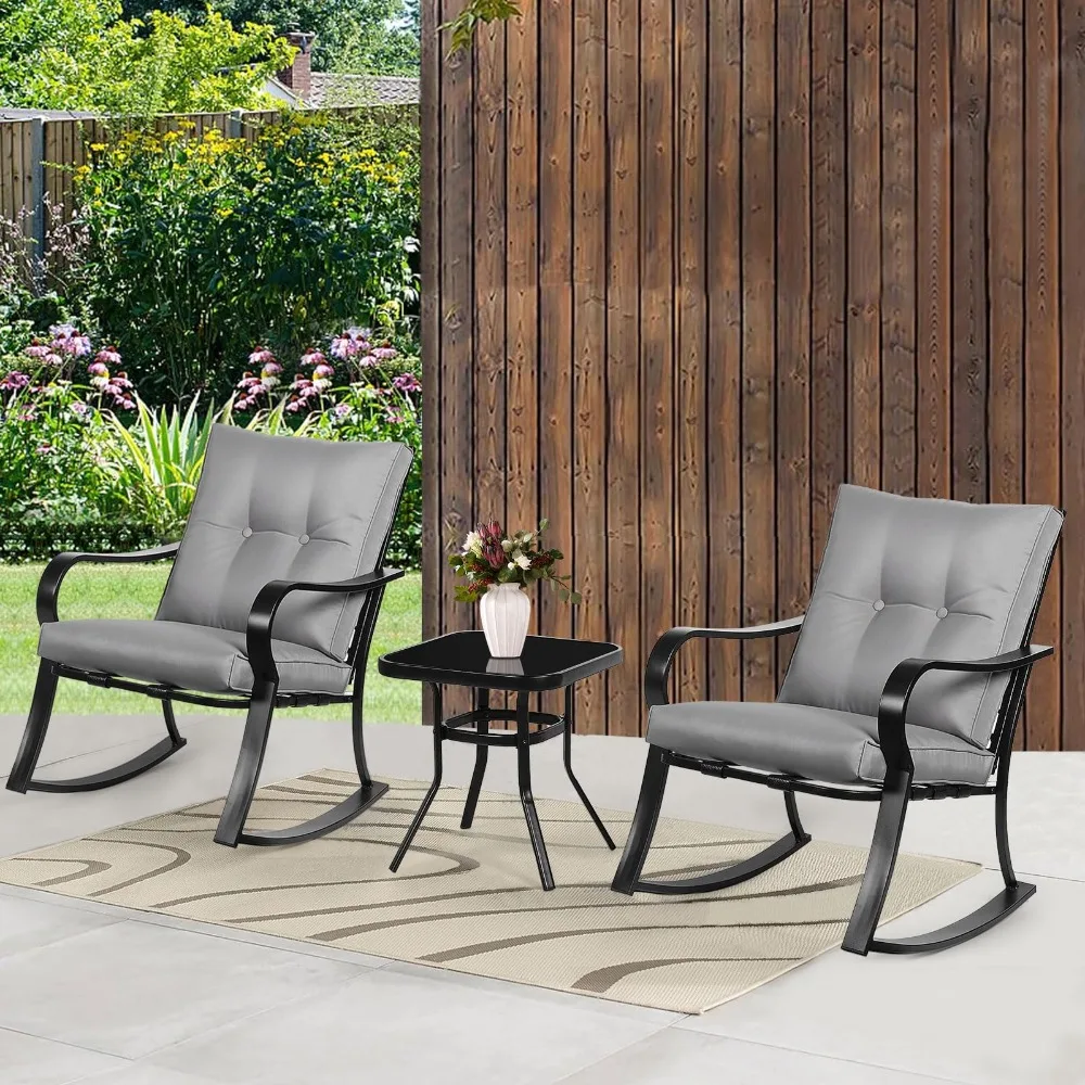 Outdoor Schommelstoelen, Terrasmeubilair, 3 Delige Patio Set Bistro Tafel Set Met Verdikte Kussens En Glazen Salontafel