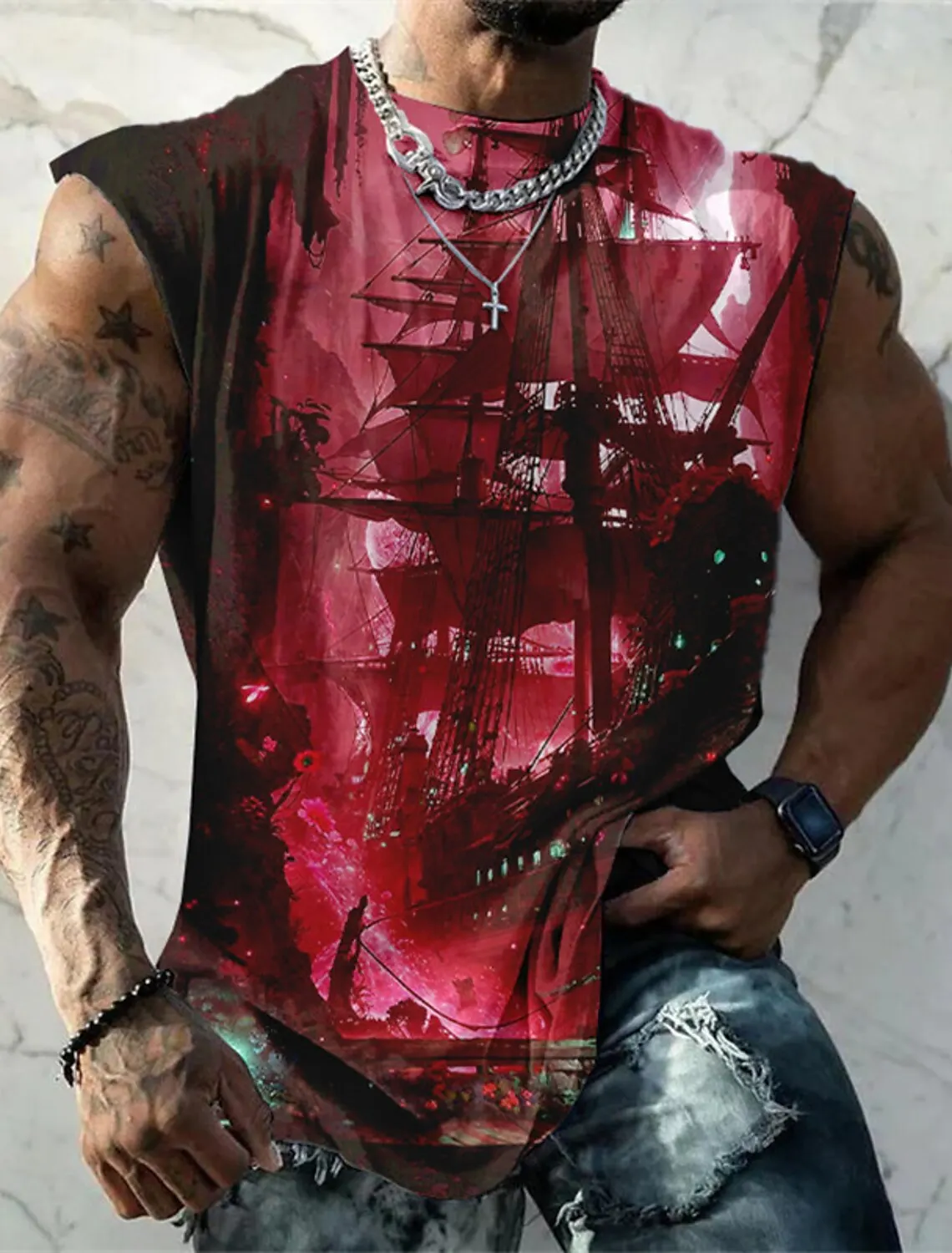 2023 New Fashion Sleeveless Shirt Men\'s Fitness Bodybuilding Vest Men\'s 3D Retro Print Ghost Pattern Fitness Quick Dry Top