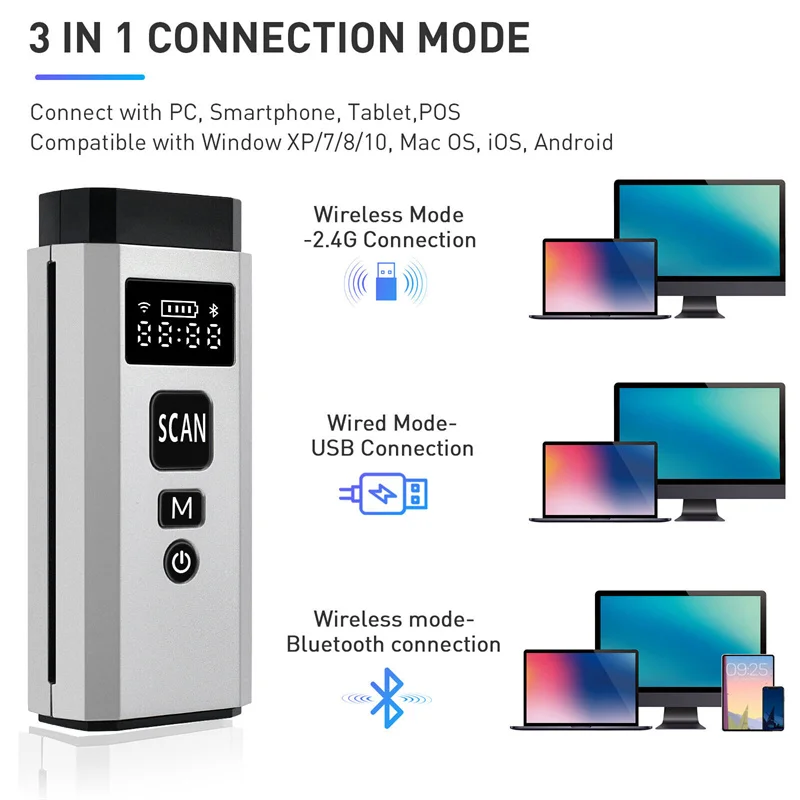 JOOYTEC-2D ماسح الباركود اللاسلكي ، المحمولة 3 في 1 ، QR ، 1D بار ، قارئ رمز للدفع ، الكمبيوتر ، الكمبيوتر اللوحي ، آيفون ، آي باد