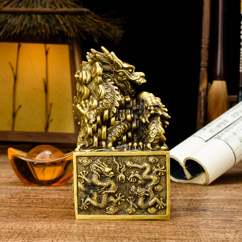 Golden Dragon Statue Emperor Nine Dragons Jade Seal Seal Sculpture Brass Chinese Dragon Seal Home Decoration Dragon Beast Crafts