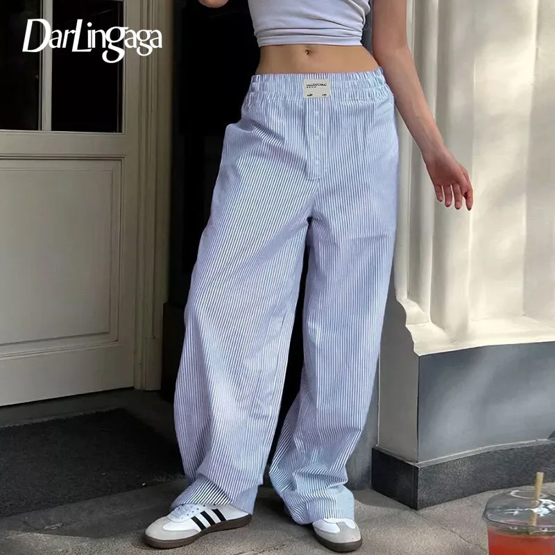 

Darlingaga Casual Stripe Buttons Straight Leg Women Trousers Homewear Elastic Waist Korean Fashion Full Length Pants Basic New