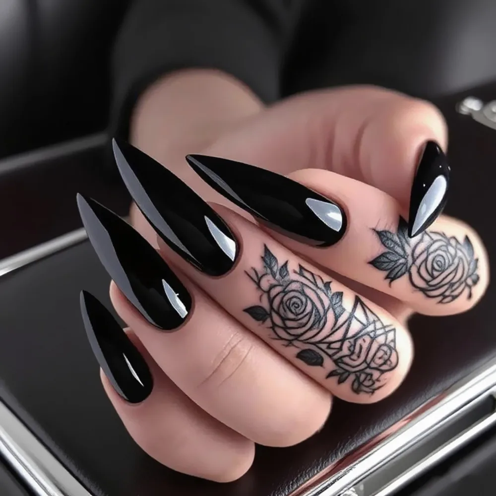 

48Pcs Extra Long Press On Fake Nails With Glue Bright Black Acrylic False Nail For Woman Stiletto Shaped UV Gel Manicure Tool