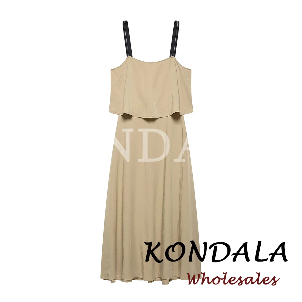 KONDALA Chic Solid Khaki Elegant Sexy Woman Spring Dress Fashion 2026 Camisole Summer Long Dress Draped Backless Casual Vestidos