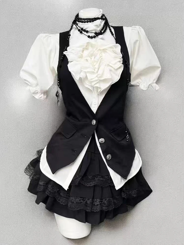 

Французская готическая ретро кружевная короткая юбка с пышными рукавами Y2k Harajuku, винтажная мода, комплекты платьев из трех предметов с высокой талией