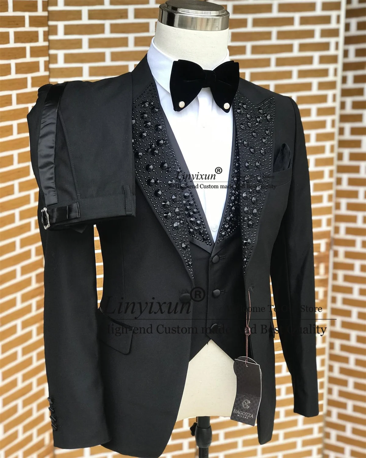 Formal Black Men Suits With Beaded Crystals Groom Wedding Tuxedo 3 Pieces Sets Birthday Male Prom Blazers Slim Fit Costume Homme