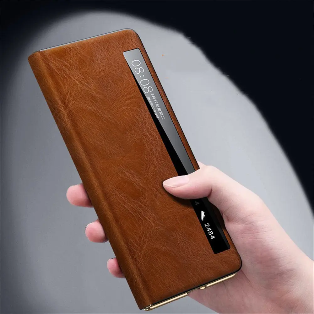 

Genuine Cowhide Leather Magnetic Flip Case For Honor Magic V3 Window View Oil Wax Cover