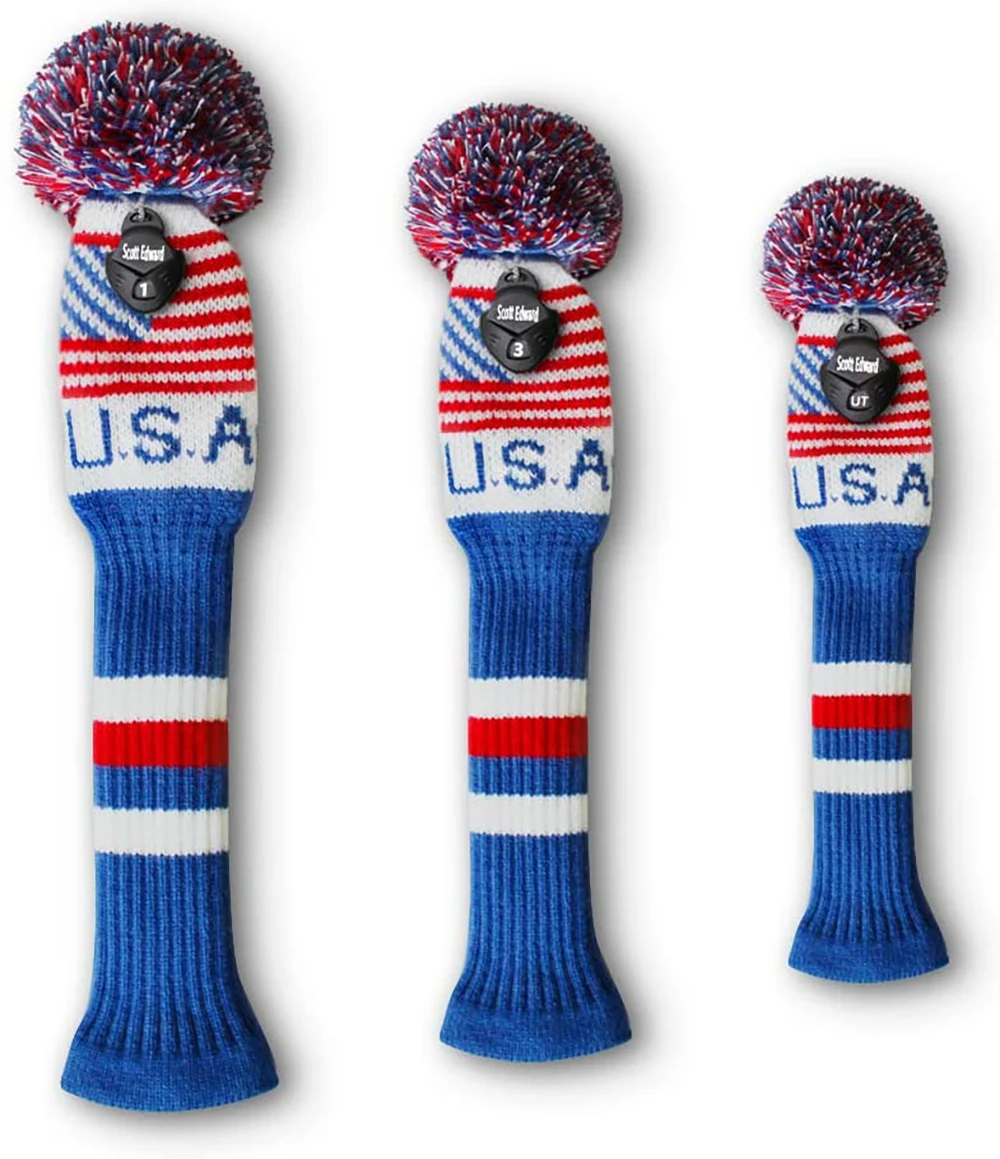 USA Golf Club Wood Headcover Driver Fairway Hybrid Knitted Cover With Number Protector Golf Accessories