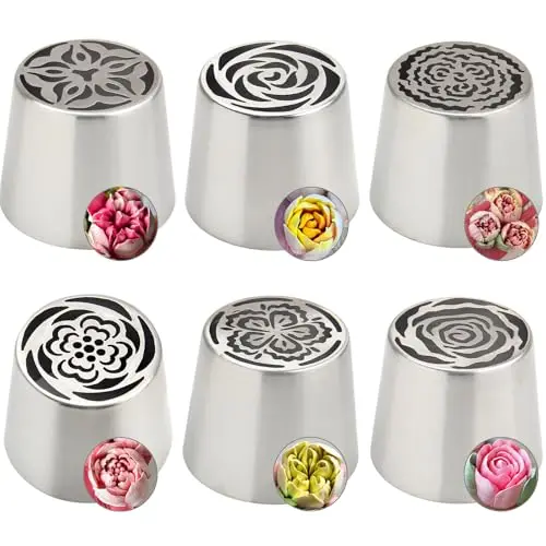 6 Pcs Large Russian Piping Tips Stainless Steel Flower Nozzles Set Seamless Cake Decorating for Buttercream Cupcake Wedding