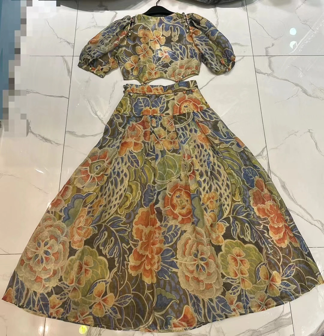 Frauen Seide Leinen Retro-Print langes Kleid von der Schulter Laterne Ärmel Ausschnitt Taille Knopf abnehmbares Kleid