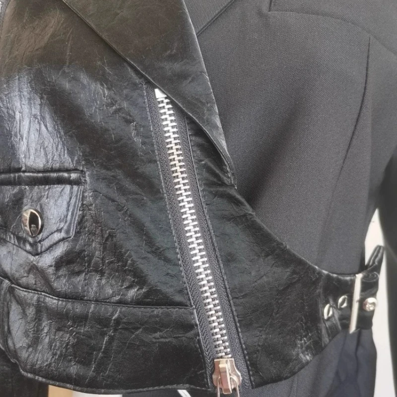 Punk Personality Sweet Cool Asymmetric PU Leather Splicing Women's Coat Original Hollow Out Zipper Button Black Blazer Ladies