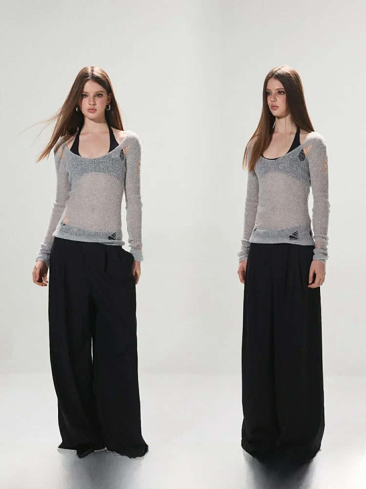 

Masla Design Deep V-Ne Hollow out Knitted Sweater Women's Semi-Transparent Sexy Base irt Warmth Emitting Long Sve Top