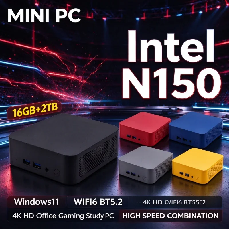 Intel N150 Mini Computer Host Windows 11 16GB RAM 1TB/2TB SSD WiFi 6 BT5.2 4K Output Compact Desktop for Office & Home Gaming