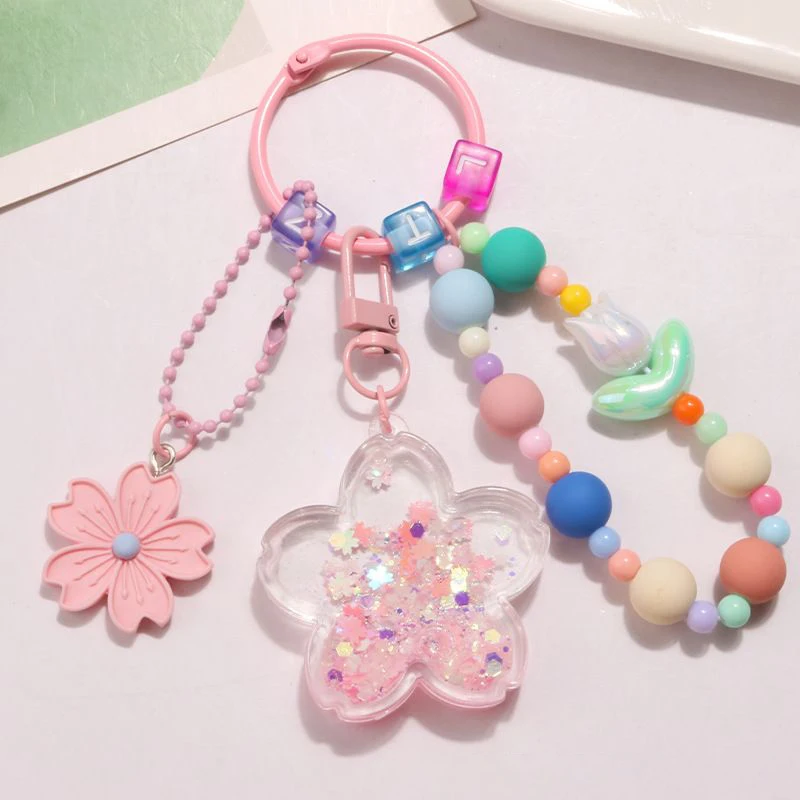 Sweet Pink Flower Keychains With Beaded Chain Korean Ins Style Girls Keyrings Bag Pendant Cute Mobile Phone Chain Accessories