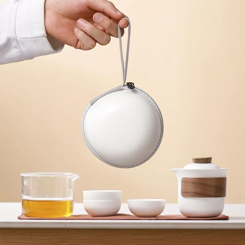 

New Ceramic Travel Tea Set One Pot Three Cups Four Cups Glass Male Cup Outdoor Portable Kung Fu Tea Set