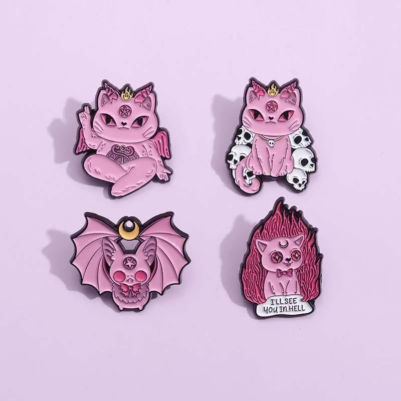 Cute Bat Kitten Enamel Pins Cartoon Magic Cat I Will See You In Hell Brooches Backpack Clothes Lapel Badges Punk Animal Jewelry