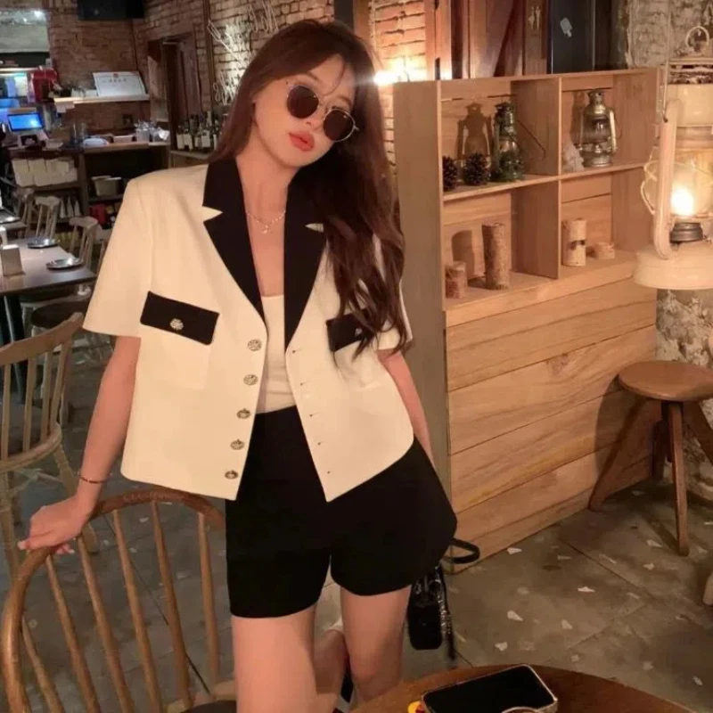 

Xiaoxiangfeng Jacket Summer Short Sleeved 2024 Korean Version New Patchwork Notched Button Pocket Fashion Solid Color Blazers