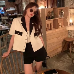 Xiaoxiangfeng Jacket Summer Short Sleeved 2024 Korean Version New Patchwork Notched Button Pocket Fashion Solid Color Blazers