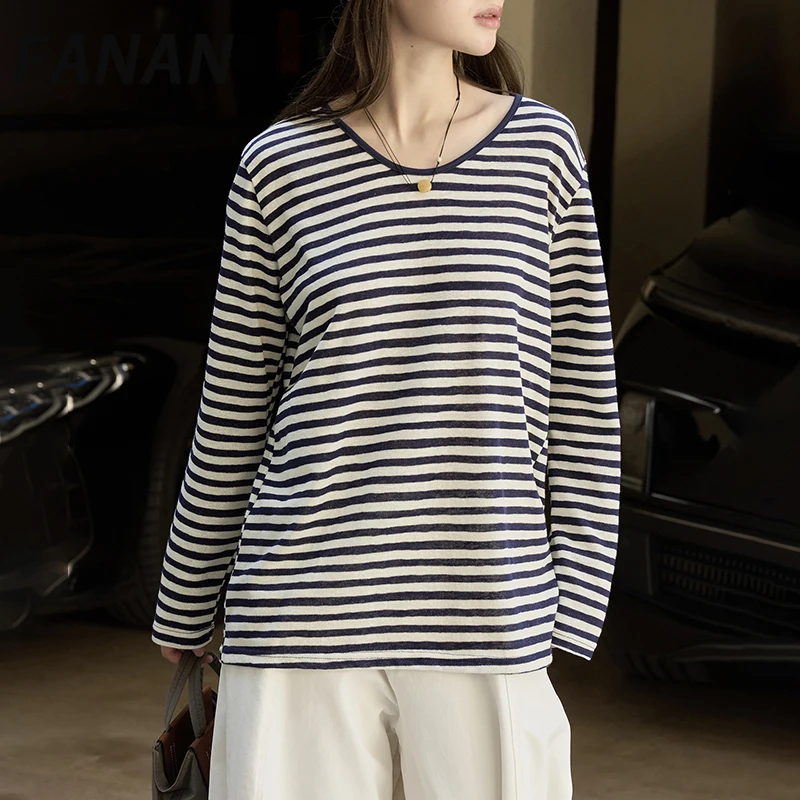 

FANAN Striped Contrast Color Long Sleeve T-shirt For Women V Neck Casual Loose Korean Style Minimalism Tops 2025 Autumn New