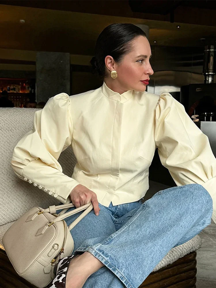 

Elegant Puff Sleeve Shirt Women Solid Stand Single Breasted Girdling Pleated Top Female Spring Autumn Urban Lady Blouse