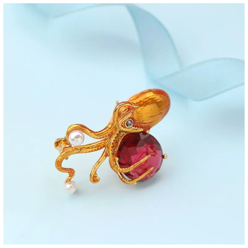 

New Arrival Copper Gold Plated Octopus Charming Jewelry Ruby Glass brooch for Women Pearl Corsage Fashion Clothing Accessories