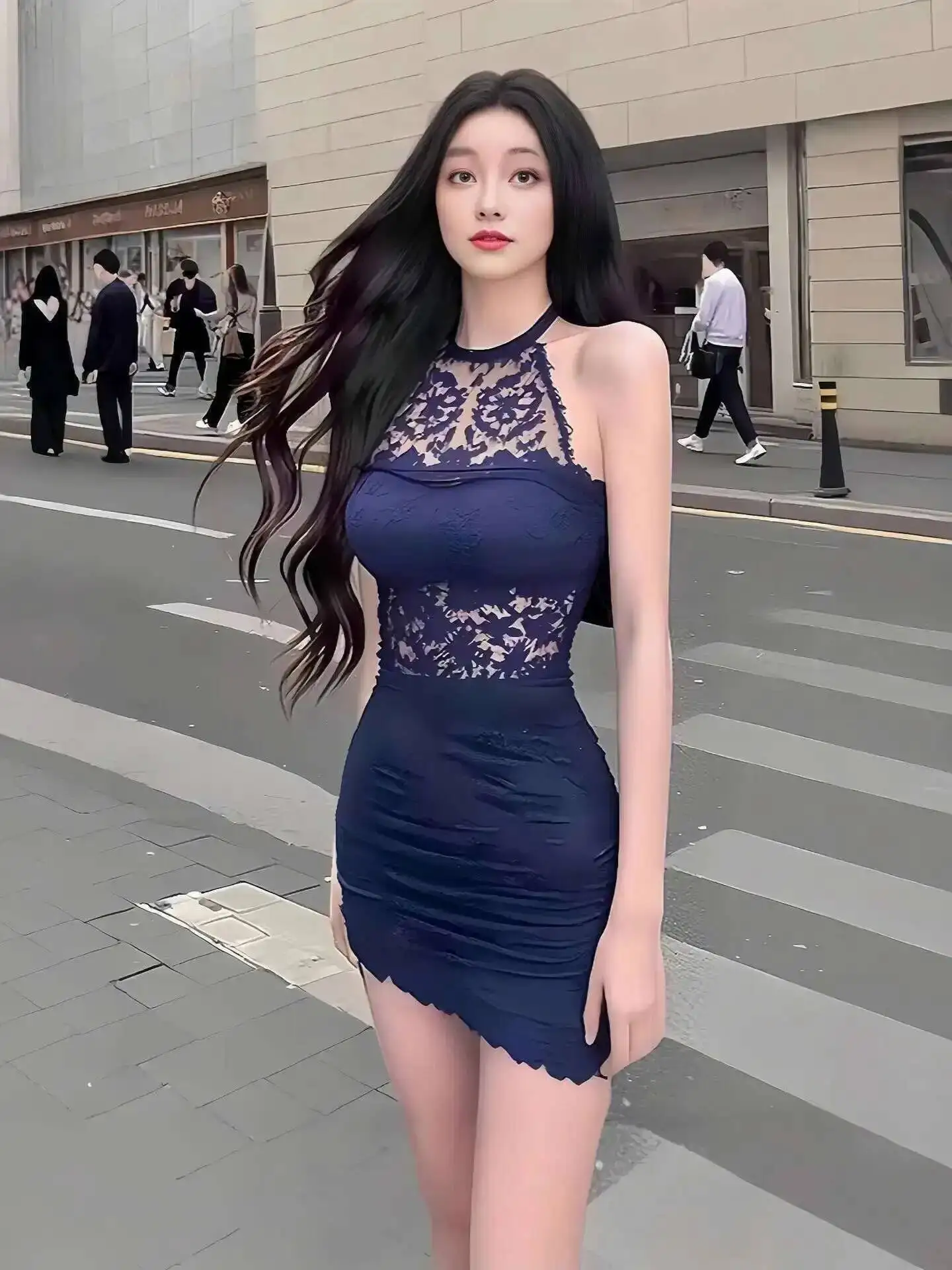 2025 neue Schlanke Bankett Kleid Hüfte Umarmt Sexy Spitze Patchwork Hals Hängen Kleid Elegant Für Frauen Spitze Mesh Sheer Tops M7JE