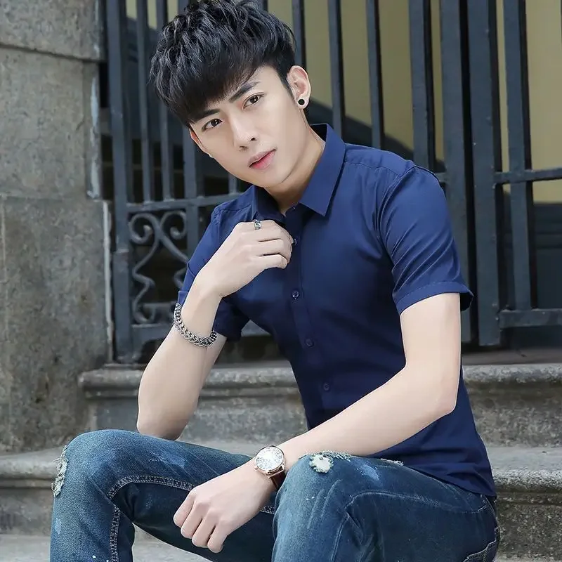 

Plain Blue Man Shirt Black Business Shirts for Men White Short Sleeve Red Button Up High Quality Luxury Original Korean Style