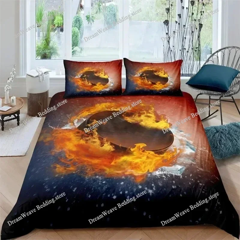 Ice Hockey Sports King Queen Duvet Cover Burning Hockey Ball Bedding Set for Teens Athlete Black Polyester Quilt Cover519