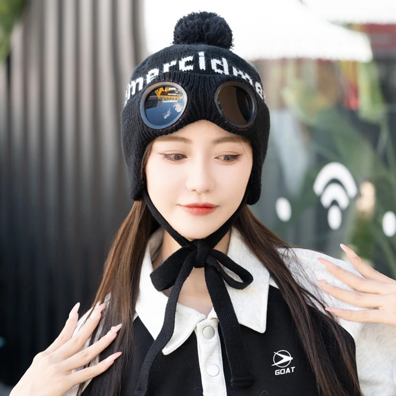 Winter Knitted Hat Letter Jacquard Sunglasses Decorative Warm Lei Feng Hat Outdoor Velvet Ear Protectors Bpmber Hat Beanie Hat