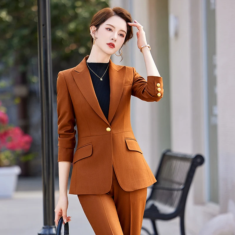 NAVIU Navy Blue Women Suits Office Sets New Fashion Long Sleeve Slim Single Button Blazers Casual High Waist Flare Pants Suits