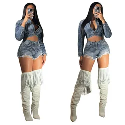 Autumn Outfits for Women 2024 Denim Jacket Shorts Two Piece Sets Streetwear Diamonds Distressed Short Pants Buttons Coat Suit