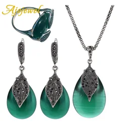 Ajojewel Black Rhinestone Leaf Designer Earring Ring Necklace Set Jewelry With Green Opal Stone Vintage Style Item Supplier