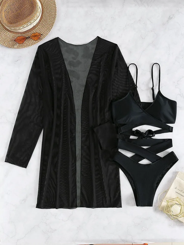 Women Bathing Suit 3 Piece Swimsuit Mesh Kimono High Waist Bikini Bandage Long Sleeve Beach Cover Up Swimwear Black Bikinis