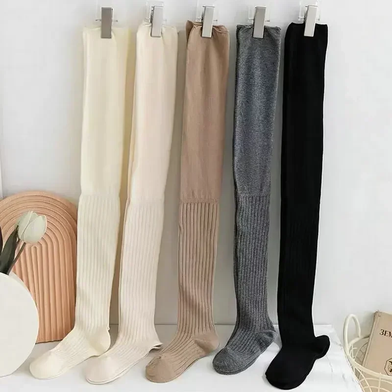 2pairs Women Autumn And Winter Thickened Cotton Knee Socks Pure Color Simple Women\'s Socks Vertical Stripes Warm Socks Stockings