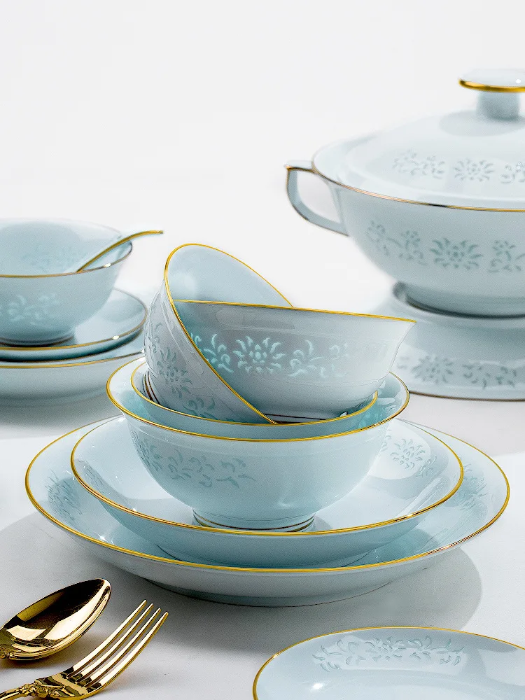 Dish set, household high-end edge celadon exquisite tableware set
