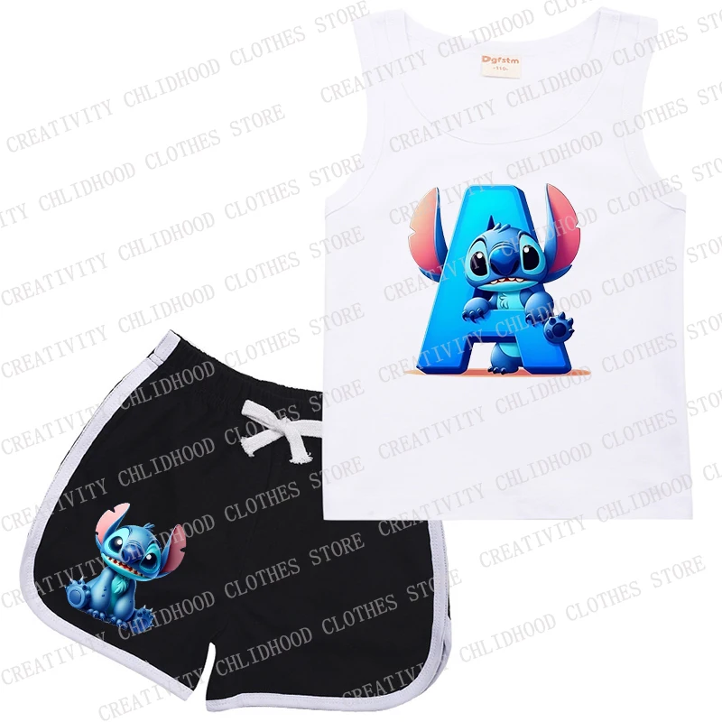 Conjunto deportivo de 2 piezas para niños, ropa informal sin mangas, chaleco y pantalones cortos, letras Stitch A B C D, Verano