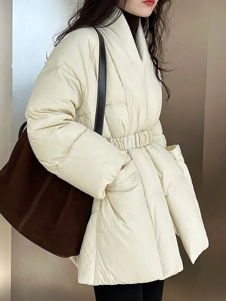 

Women's Cropped V-Neck Down Jacket - Slimming Waist-Fitted White Duck Down Coat, Petite Winter Puffer