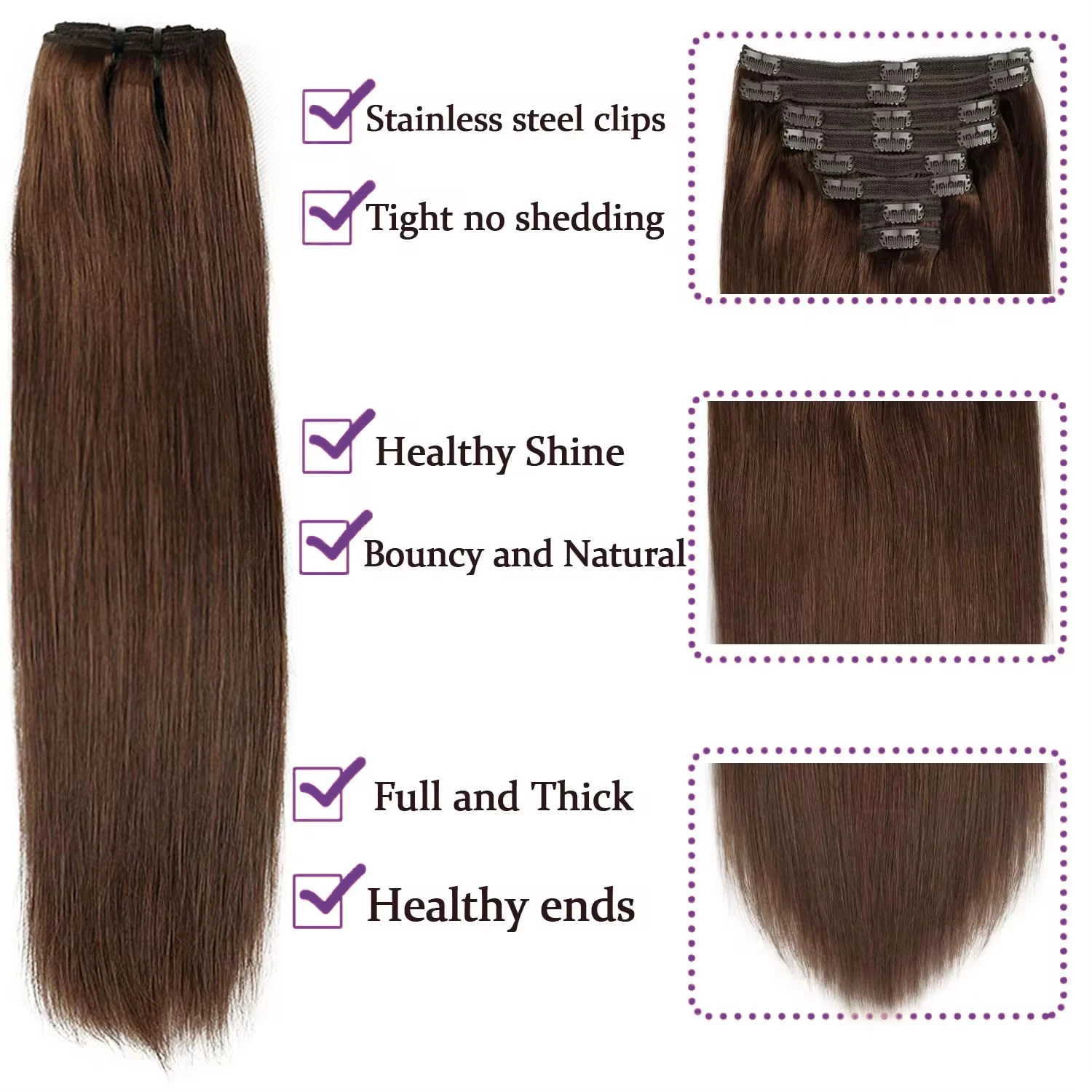 Extensiones de cabello humano Remy para mujer, color marrón Chocolate #4, 8 Clips de piezas rectos, 100G, 240G por paquete, cabeza completa