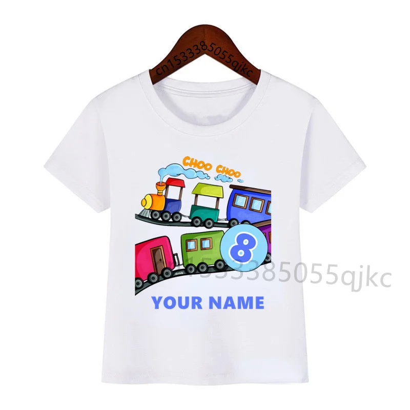 Branco trem aniversário camiseta para menino e menina, nome personalizado e número