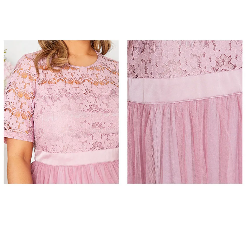 Pink Plus Size Sweet Long Dresses For Women 2023 Sexy Lace Mesh Patechwork Elegant Party Dresses Casual Loose High Waist Dress