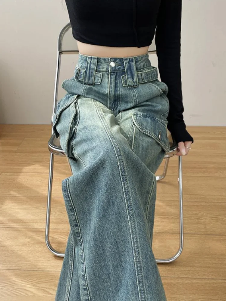 Vintage Cargo Straight Washed Jeans Baggy High Waisted Fashion Streetwear Denim Pants Women's Casual Wide Leg Retro Vaqueros