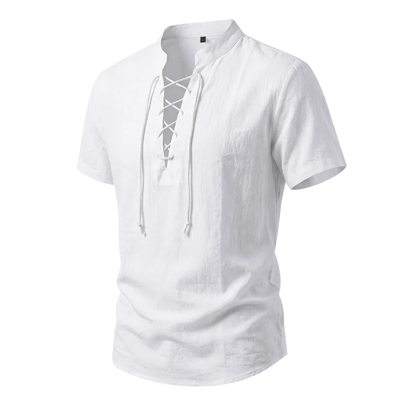 Men's Retro Cotton Linen Shirt Short Sleeve V Neck Casual Solid Color Pirate Medieval Shirt Lightweight Breathable Summer Tops